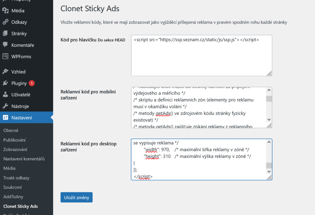 clonet sticky ads plugin nastavení reklamních ploch